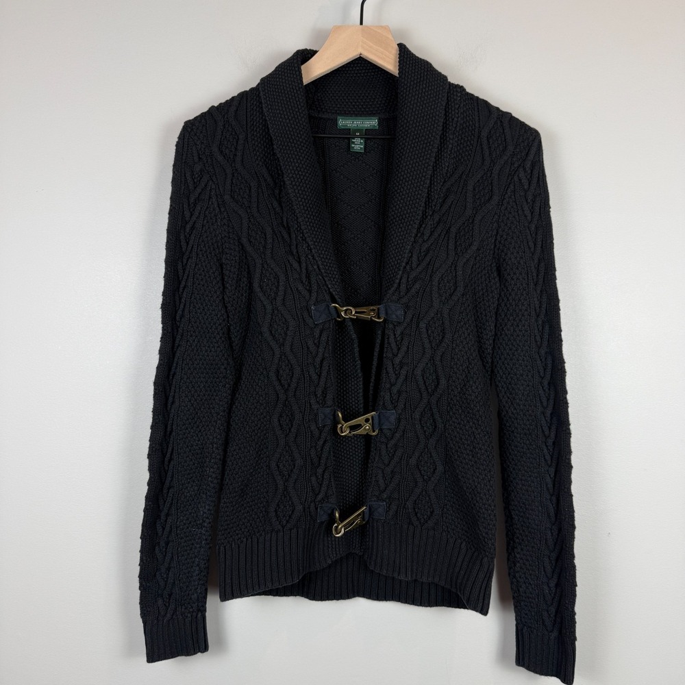Ralph Lauren Cardigan Women M Black Cable Knit Fisherman Clasp Shawl Old Money